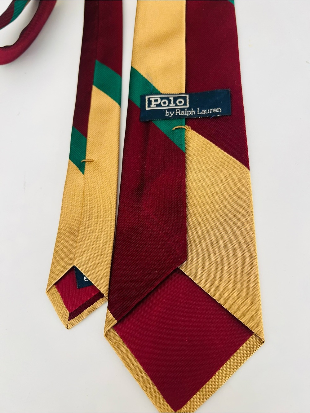 Polo by Ralph Lauren Maroon, Gold & Green Diagonal Stripe Silk Tie- Hand Made